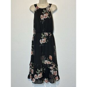 Xhilaration Black Chiffon Floral Tiered Midi Dress Halter Size L Boho Cottagecor